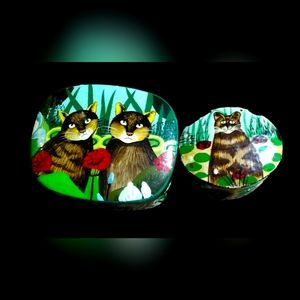 FIGI Graphics Vintage Hand Painted Cat Feline Paper Machete Trinket Boxs